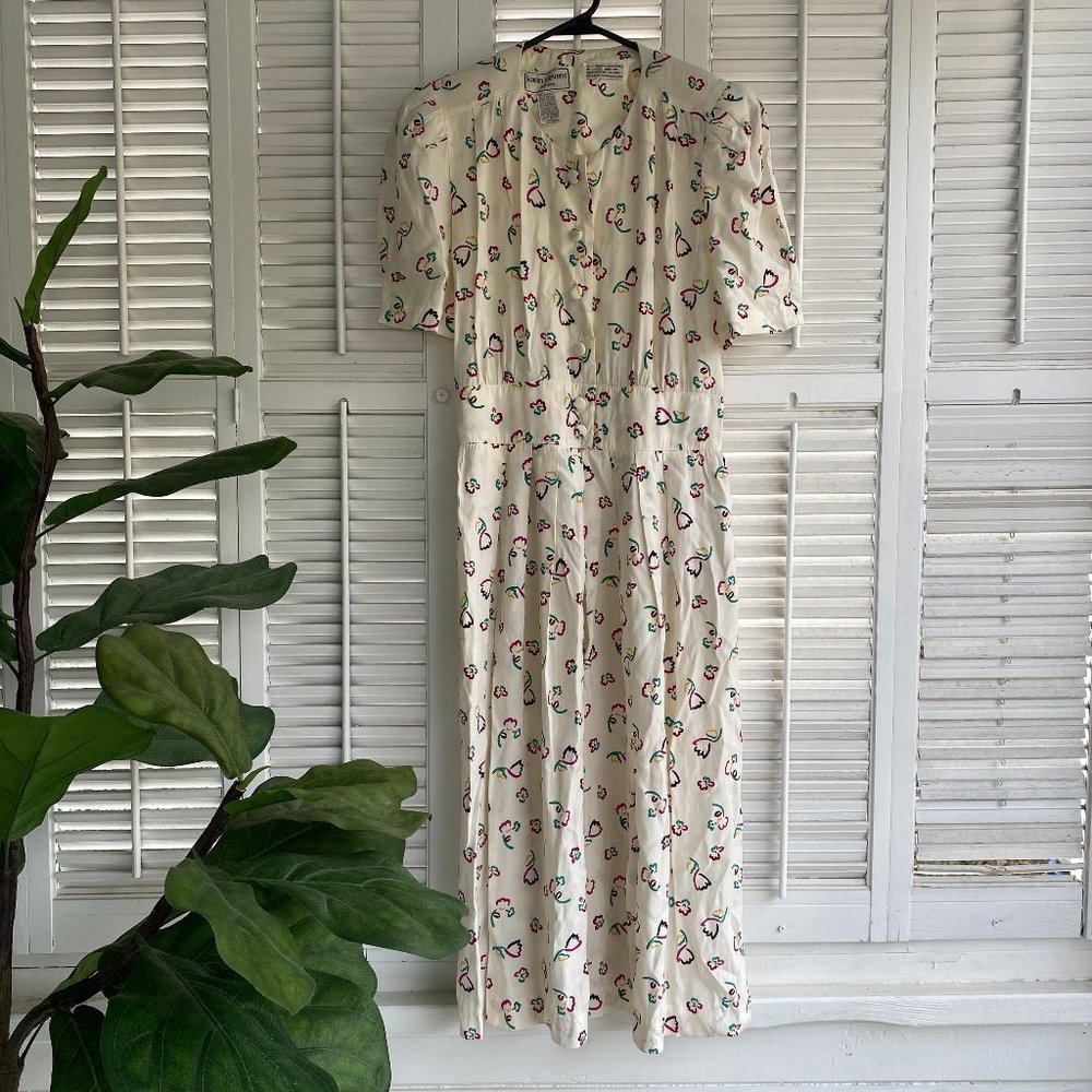 Karin Stevens VTG 80s Dress White Colorful Graphic Cottage Basque Waist Size 10